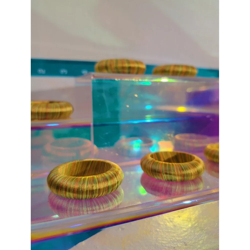 Set of 6 Gold Orange Red Green Thread Wrapped Napkin Rings Boho Fall Table